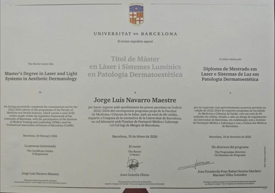 Título de Máster em Laser e Sistemas Lumínicos em Patologia Dermatoestética — Universidade de Barcelona